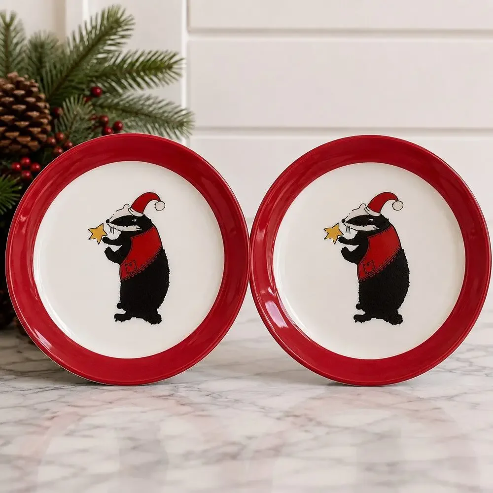 IKEA VINTER 2018 Christmas Badger Plates Set of 2 Red Rim Made in France